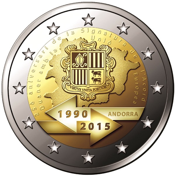 2 Euromunt van Andorra uit 2015 met het motief  	25ste verjaardag van de ondertekening van de douaneovereenkomst met de Europese Unie